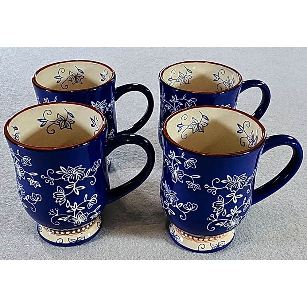 Temp-tations by Tara Floral Lace Cobalt Blue 16 oz Footed Coffee Mugs Set of 4